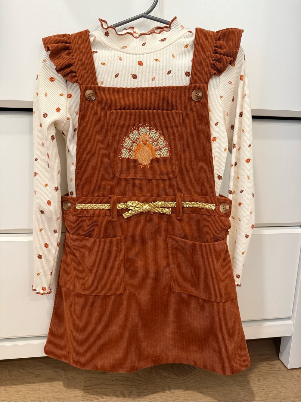 Corduroy Overall Dress with Embroidered Turkey